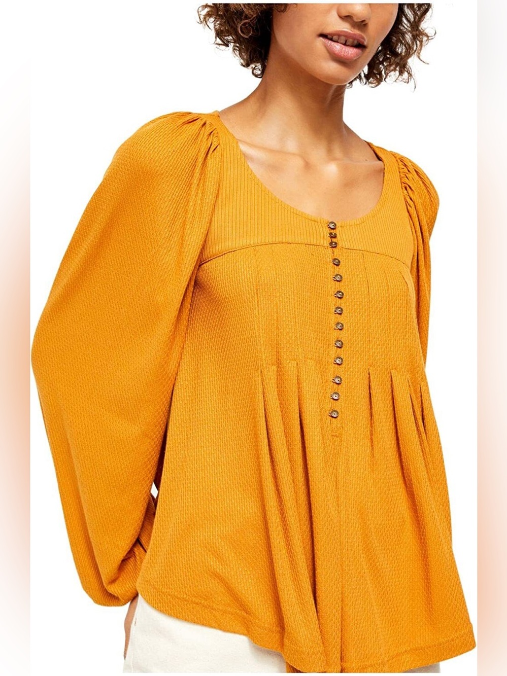Free people Devin Golden Brown Henley Bubble Sleeve peasant top FLAW